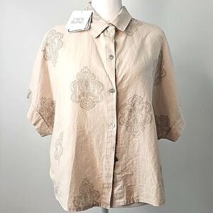 Tan Linen Cotton Blend Button Front Shirt Blouse w Gray Print Design Size:L